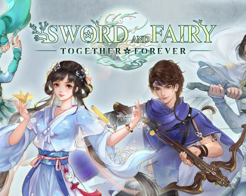 Promotional Artwork for Sword and Fairy: Together Forever. It includes the logo at the top centre, surround by four characters. Two have sword, one has a bow, and one appears to be doing magic.