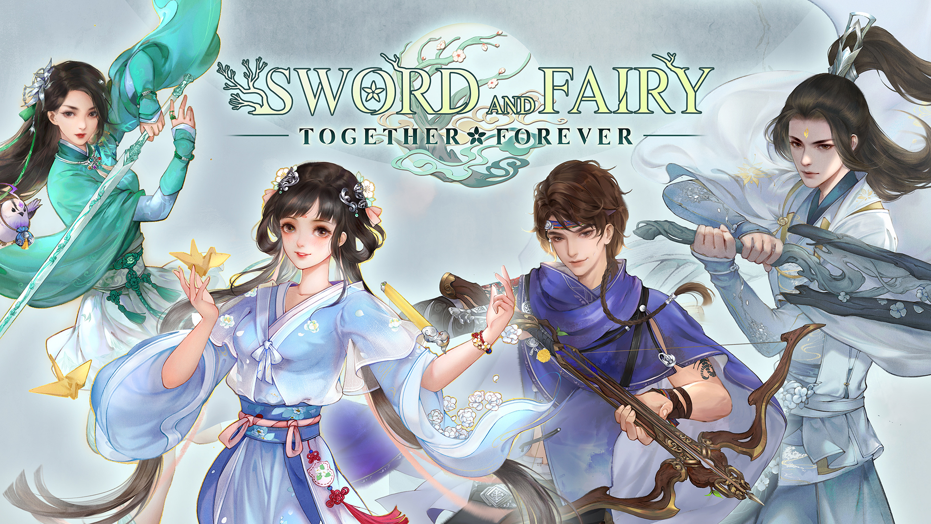 Promotional Artwork for Sword and Fairy: Together Forever. It includes the logo at the top centre, surround by four characters. Two have sword, one has a bow, and one appears to be doing magic.
