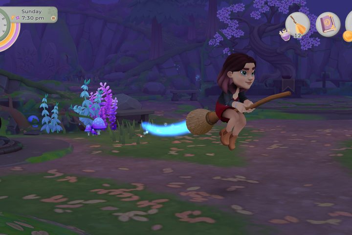 A screenshot from Wylde Flowers shows Tara, wearing a black jacket and red skirt, flying away on a broomstick.