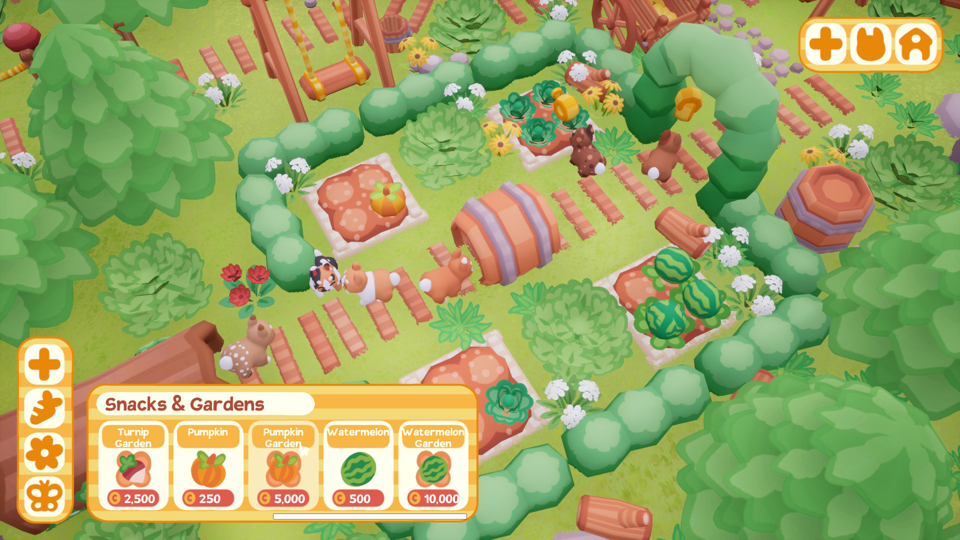 A screenshot from Bunny Park that show a garden filled with vegetables and bunnies.