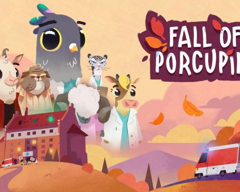The key art for Fall of Porcupine, featuring a multitude of animals looming over a hospital.