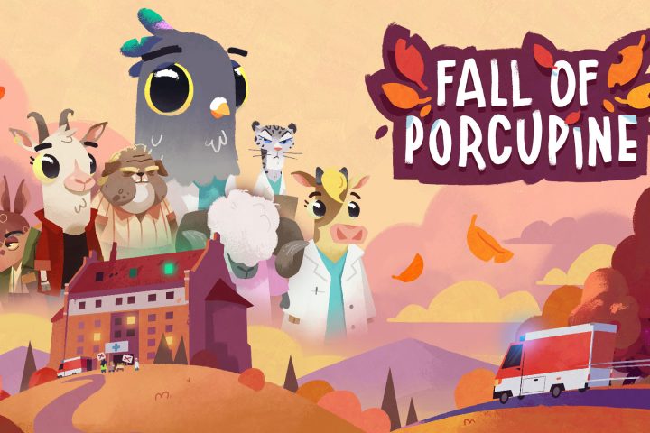 The key art for Fall of Porcupine, featuring a multitude of animals looming over a hospital.