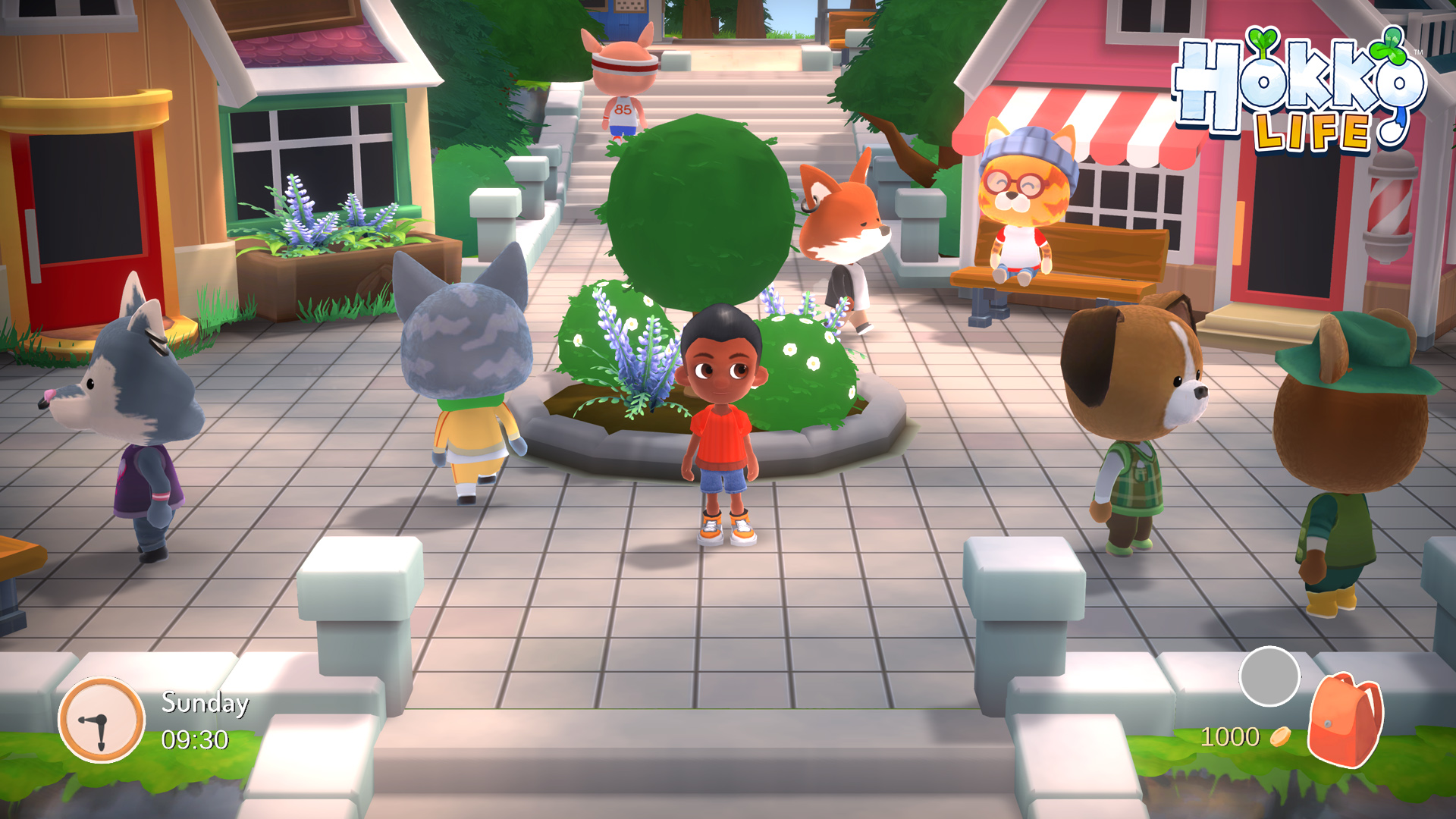 A screenshot from Hokko Life. A boy stands at the centre of town square as villagers roam about.