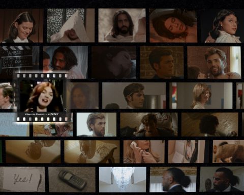 A screenshot from Immortality shows lots of different film clips from movies starring Marissa Marcel.