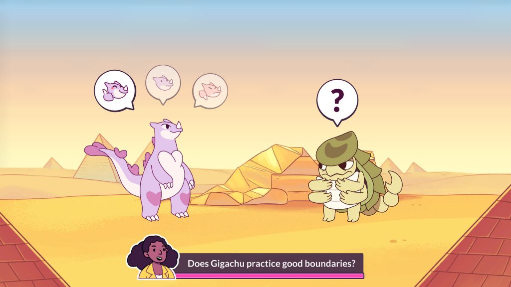 A screenshot from Kaichu – The Kaiju Dating Sim. Two monsters are on screen while a new anchor asks if Gigachu practices good boundaries.