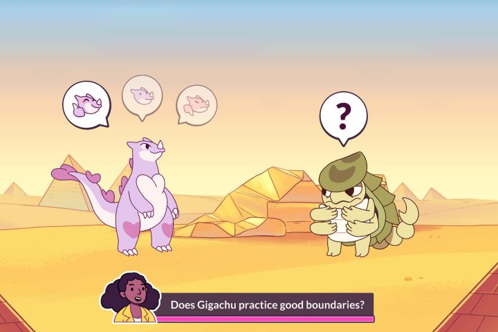 A screenshot from Kaichu – The Kaiju Dating Sim. Two monsters are on screen while a new anchor asks if Gigachu practices good boundaries.