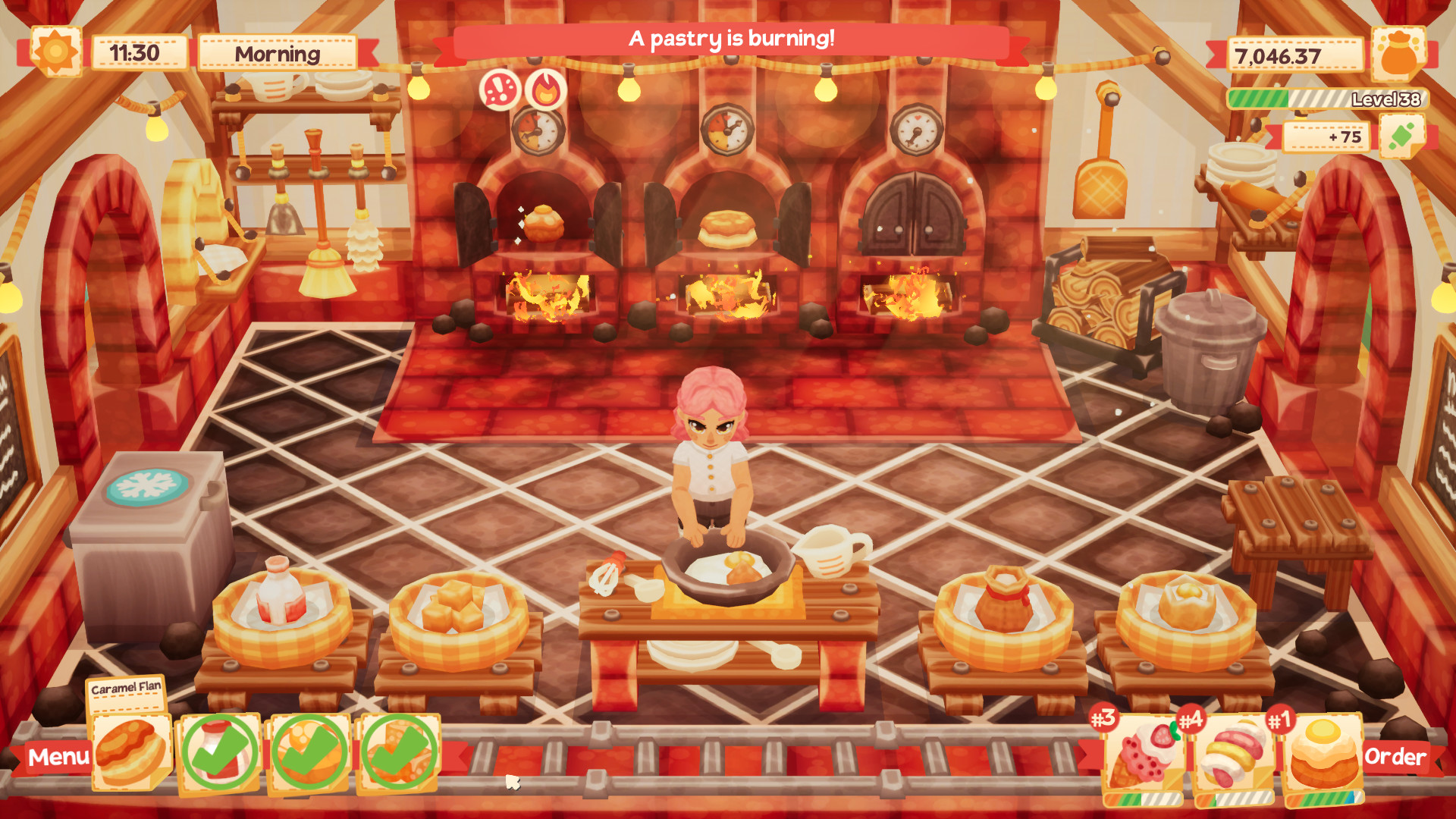 A screenshot from Lemon Cake. A person is working in a bakery, but a pastry is burning!