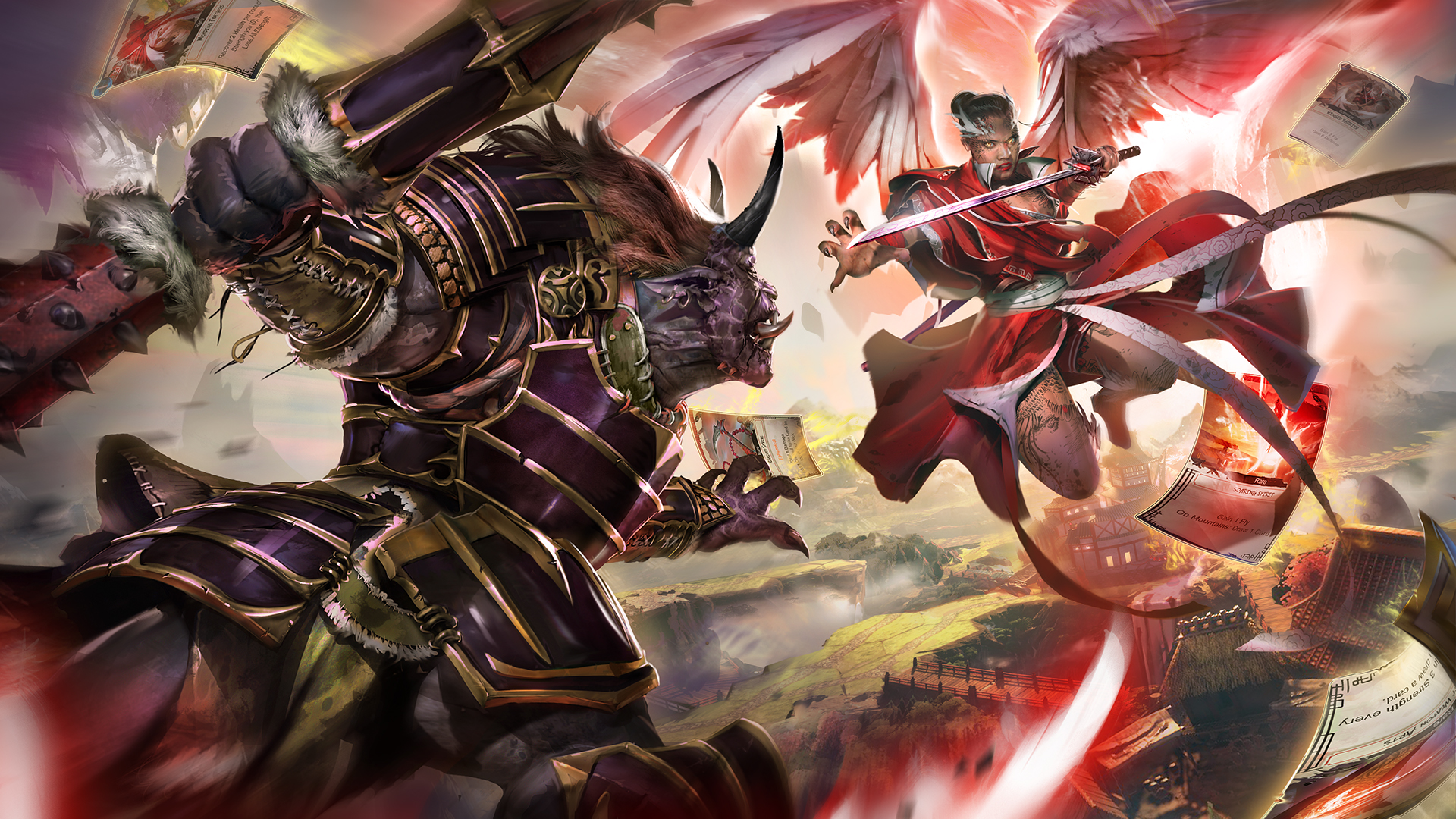 The key art for Mahokenshi features a samurai fighting a demon, with cards flying about.