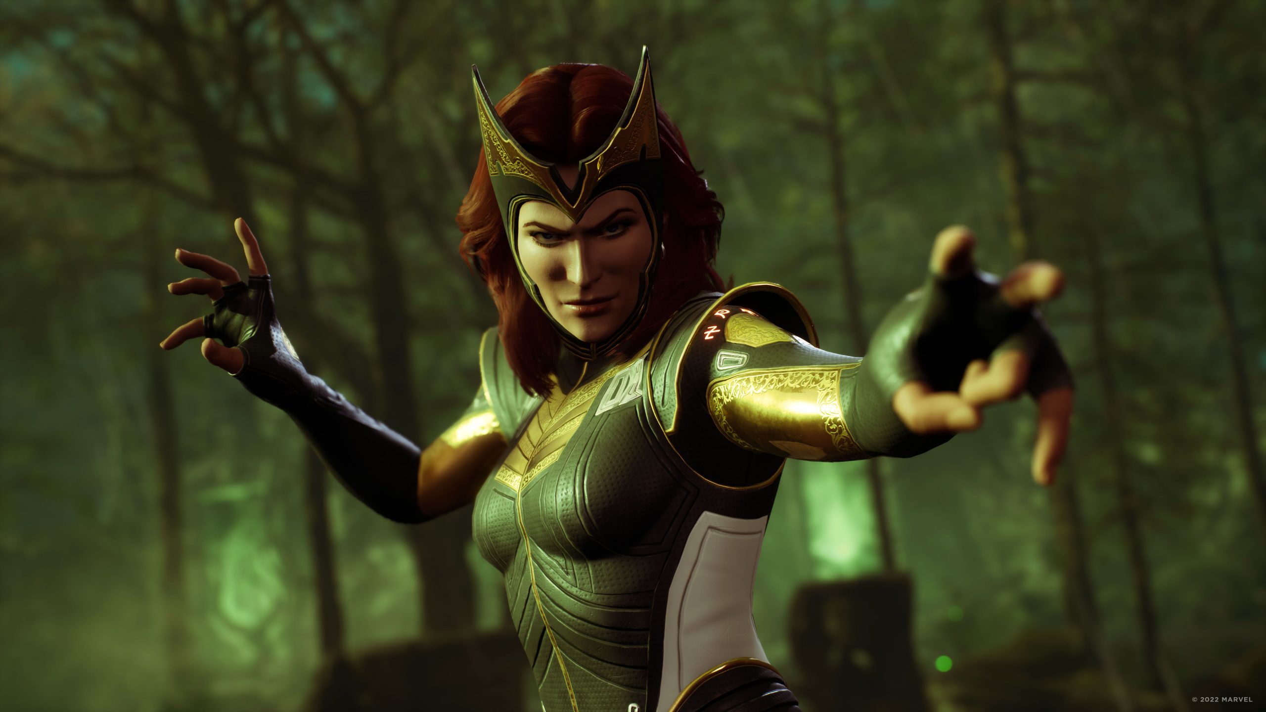 A screenshot of Scarlet Witch in Marvel's Midnight Suns.