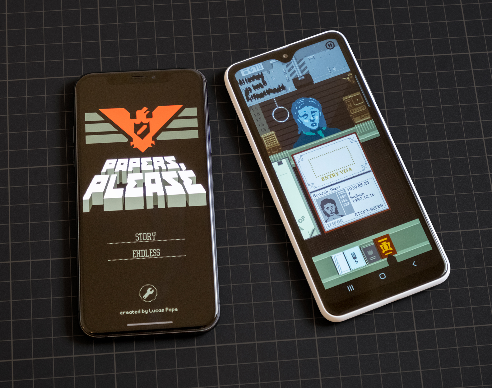 An iOS and an Android phone displaying Papers, Please.