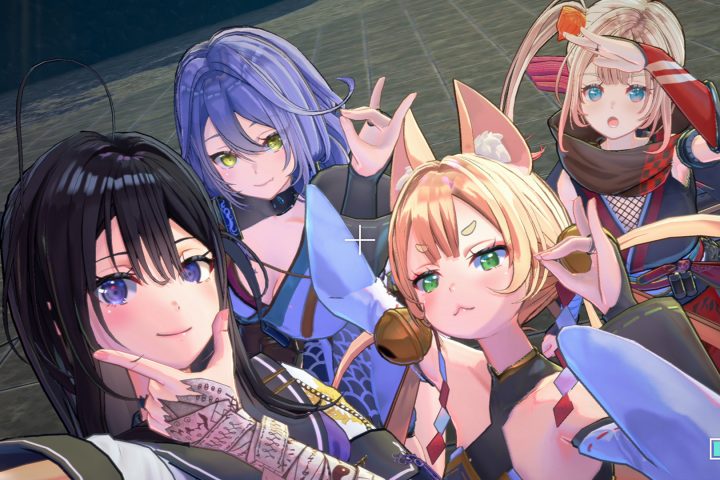 Four girls are taking a selfie in this screenshot from Samurai Maiden.