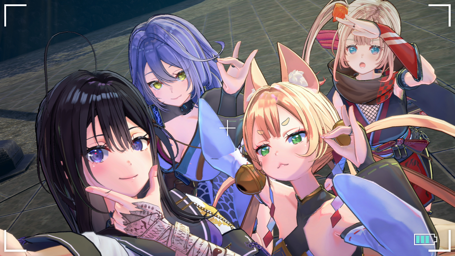 Four girls are taking a selfie in this screenshot from Samurai Maiden.