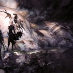 The key art for Tactics Ogre: Reborn featuring a man and a woman standing at the edge of a cliff, with large white flags in the background.