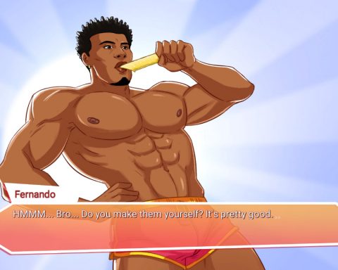 A screenshot from Freezer Pops. A man sucks on a freezie, proclaiming how good it is.