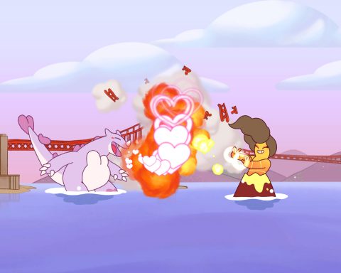 A screenshot from Kaichu – A Kaiju Dating Sim. Gigachu is on a date at the Golden Gate Bridge, destroying it.