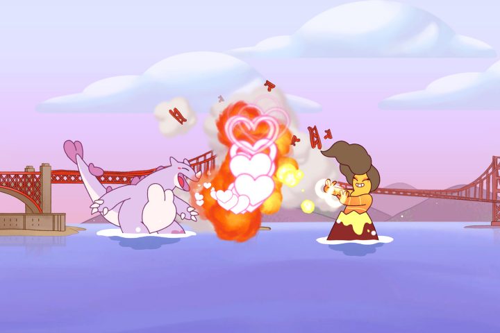 A screenshot from Kaichu – A Kaiju Dating Sim. Gigachu is on a date at the Golden Gate Bridge, destroying it.