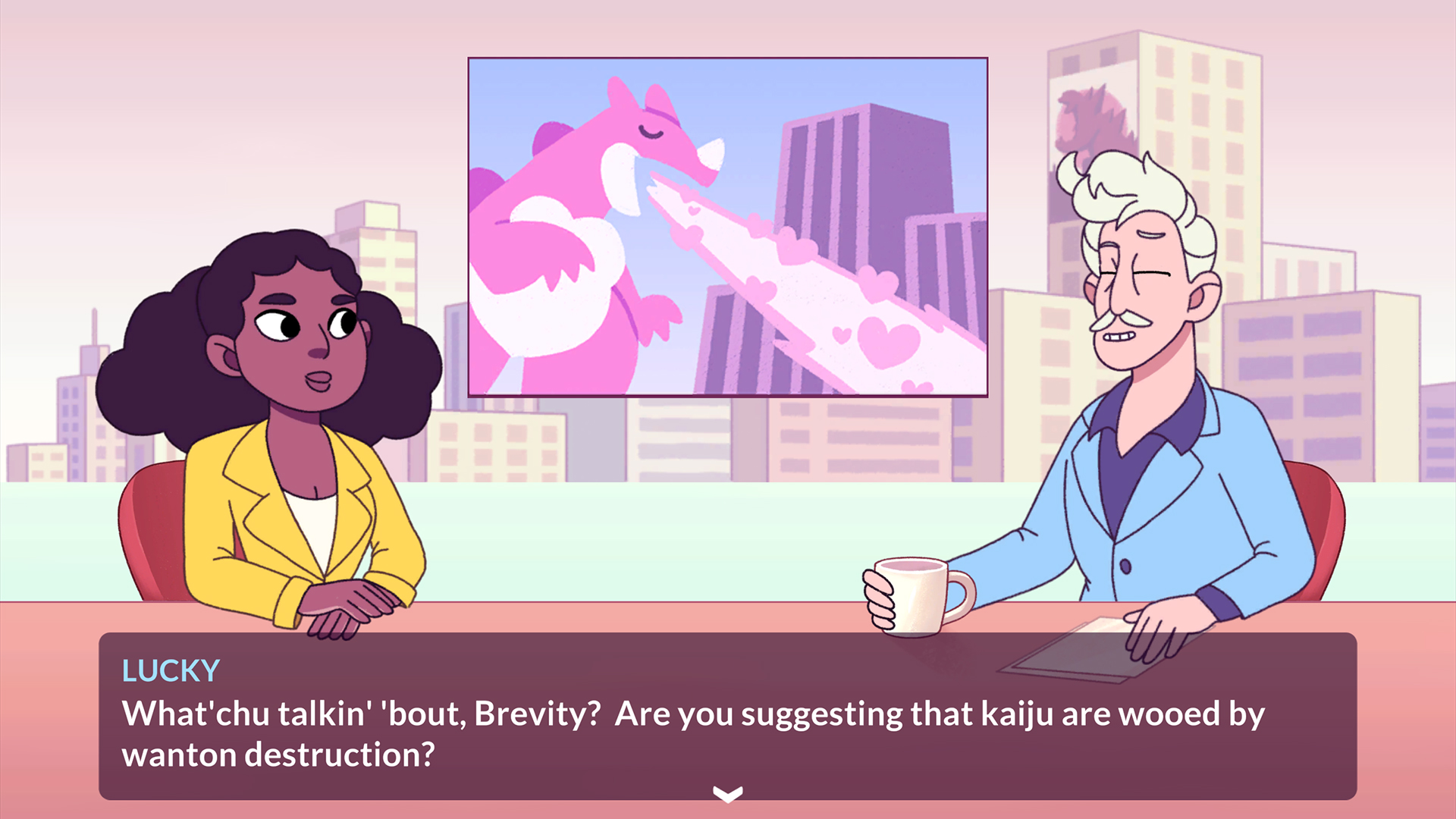 A screenshot from Kaichu – A Kaiju Dating Sim. Two reporters discuss monster dating.