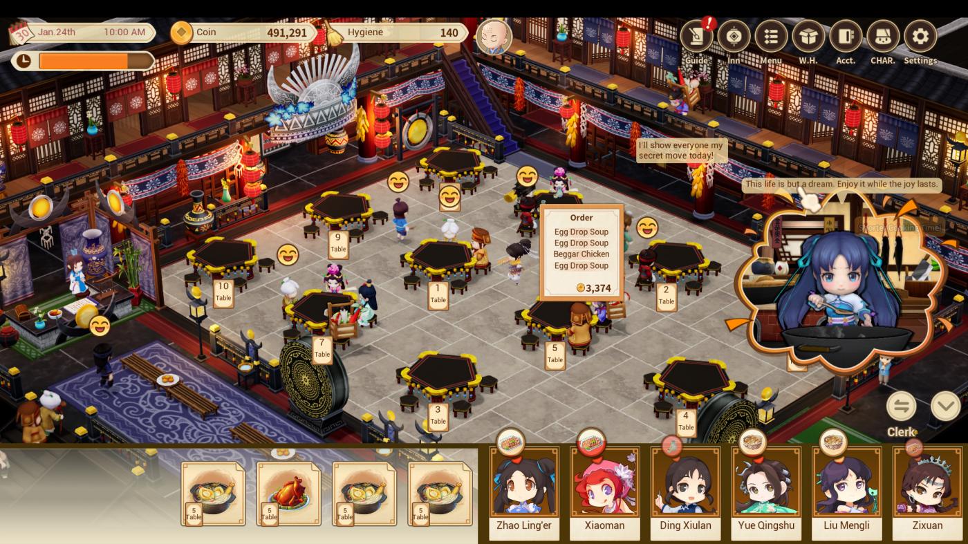 A screenshot from Sword and Fairy Inn 2 that shows a very busy inn.