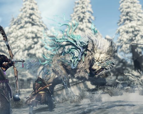 A screenshot from Wild Hearts of three warriors fighting a giant wolf.