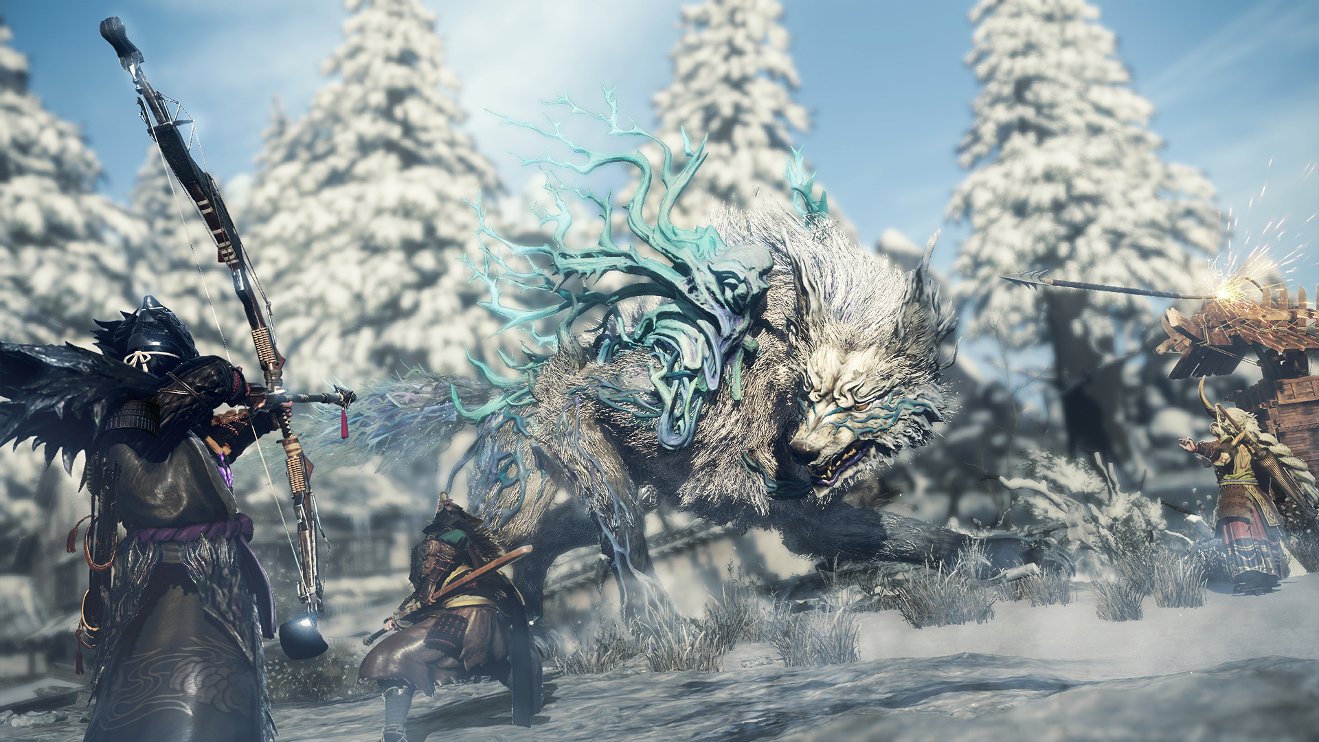 A screenshot from Wild Hearts of three warriors fighting a giant wolf.