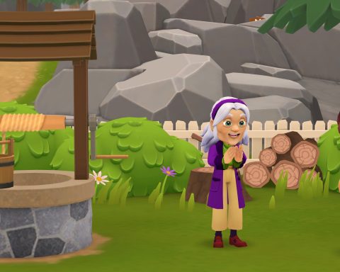 A screenshot from Wylde Flowers. Gramma and Tara are standing next to a well, talking.