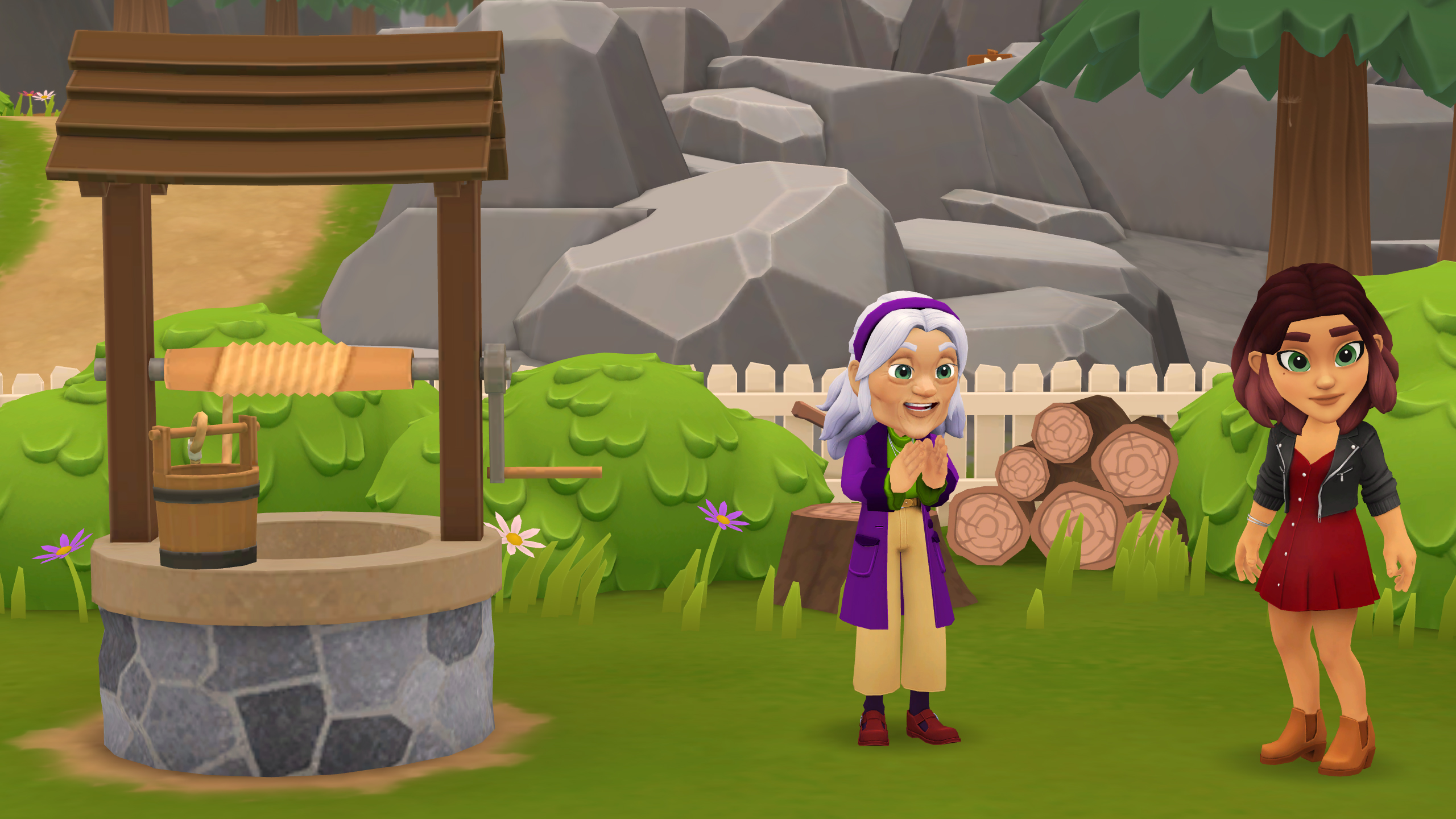 A screenshot from Wylde Flowers. Gramma and Tara are standing next to a well, talking.