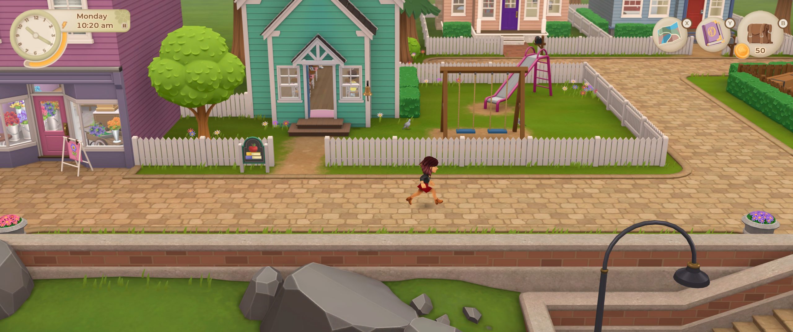 A screenshot from Wylde Flowers. Tara is running through the town.
