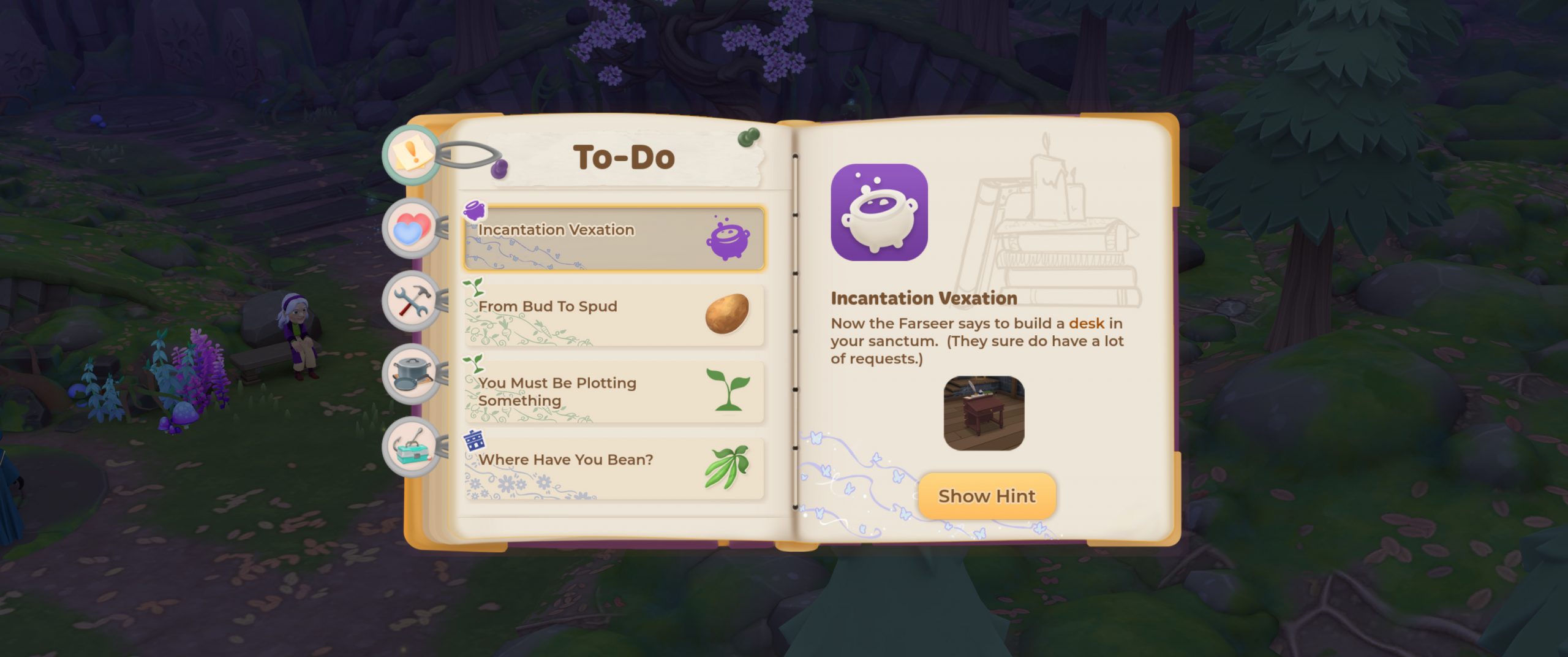 A screenshot from Wylde Flowers. It shows the game's To Do list.
