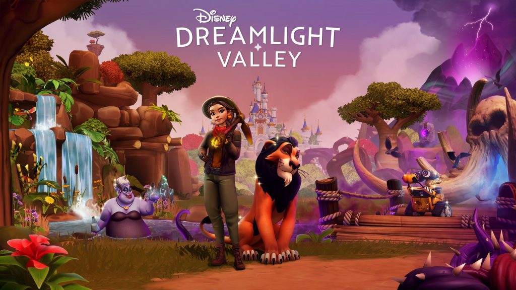 The key art for Disney Dreamlight Valley's Scar's Kingdom update. A player's avatar stands with Scar, with the Valley in the background.