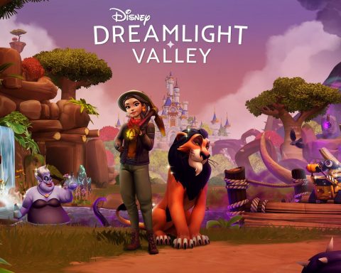The key art for Disney Dreamlight Valley's Scar's Kingdom update. A player's avatar stands with Scar, with the Valley in the background.