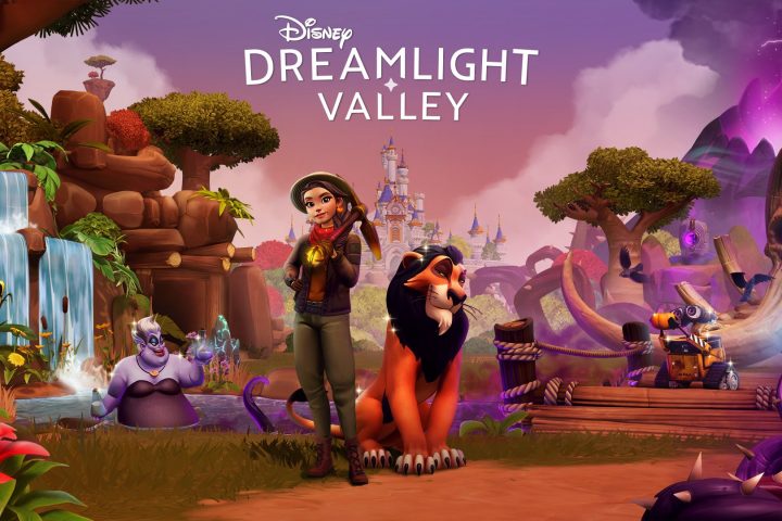 The key art for Disney Dreamlight Valley's Scar's Kingdom update. A player's avatar stands with Scar, with the Valley in the background.