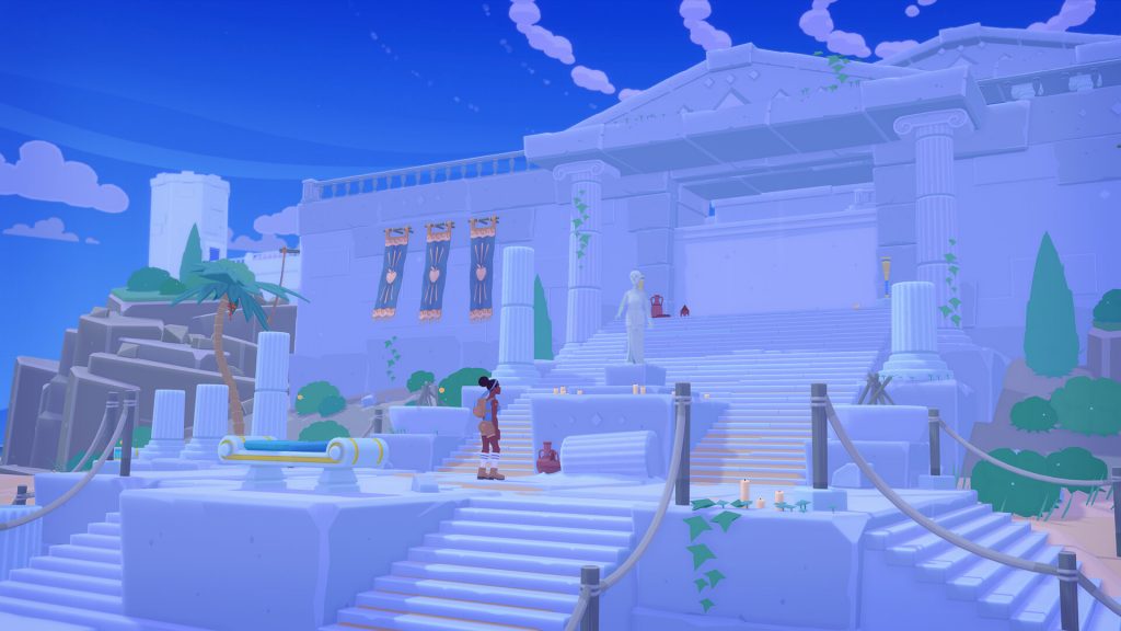 A screenshot from Mythwrecked: Ambrosia Island. A god stands upon the steps of an ancient stone structure.