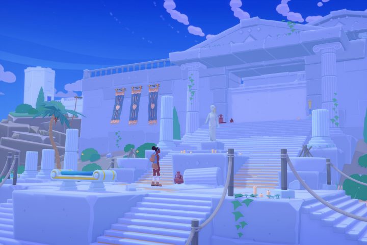 A screenshot from Mythwrecked: Ambrosia Island. A god stands upon the steps of an ancient stone structure.