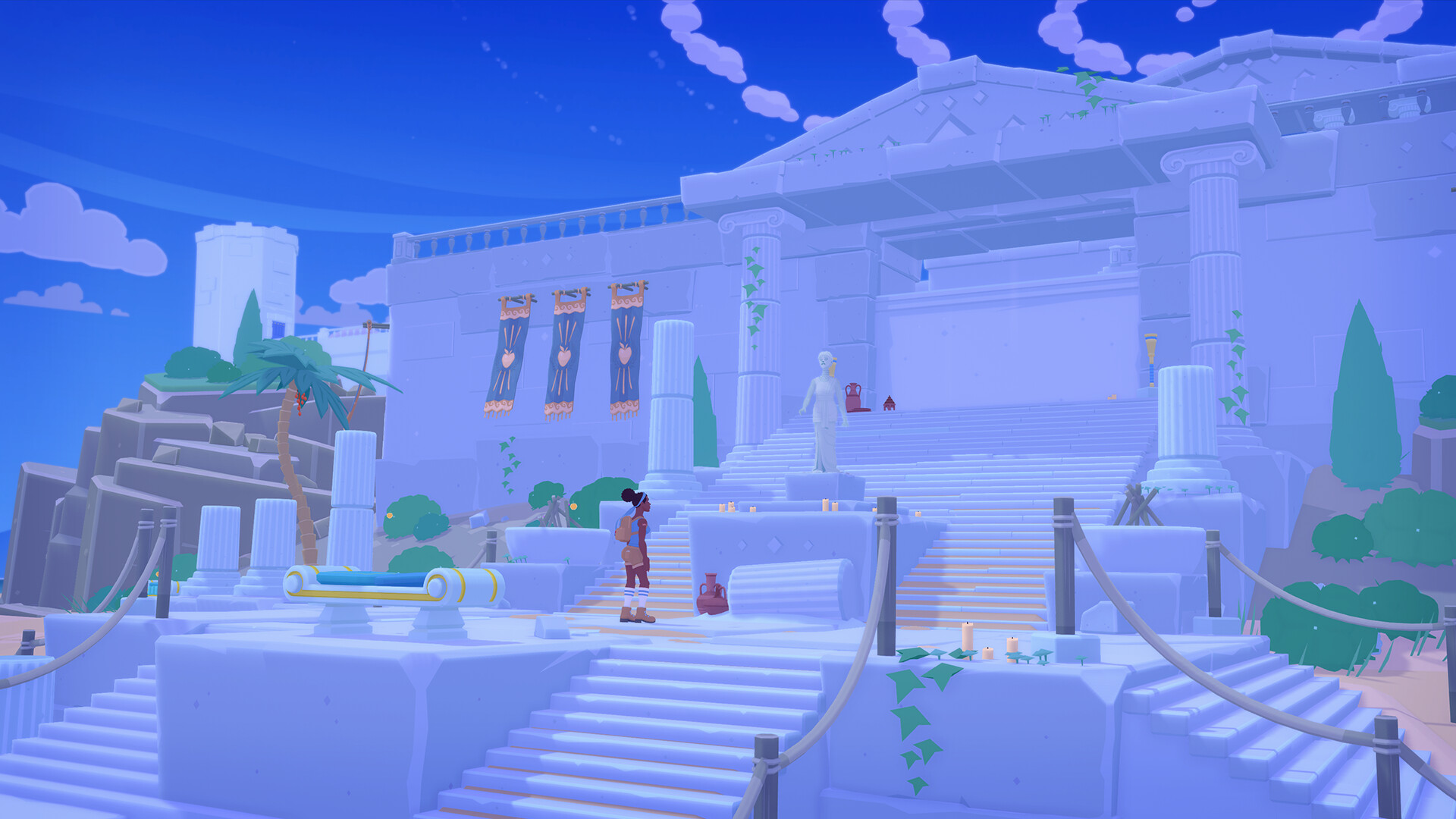 A screenshot from Mythwrecked: Ambrosia Island. A god stands upon the steps of an ancient stone structure.