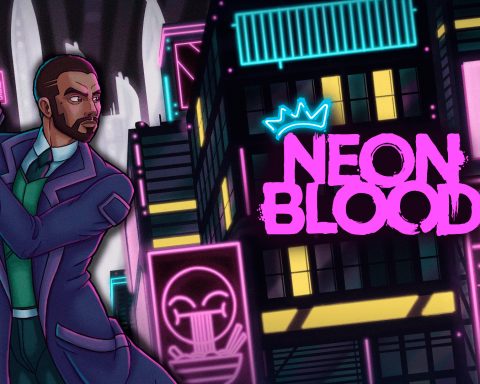 The key art for Neon Blood feature the main character, Axel, and the game's logo on top of a city backdrop.