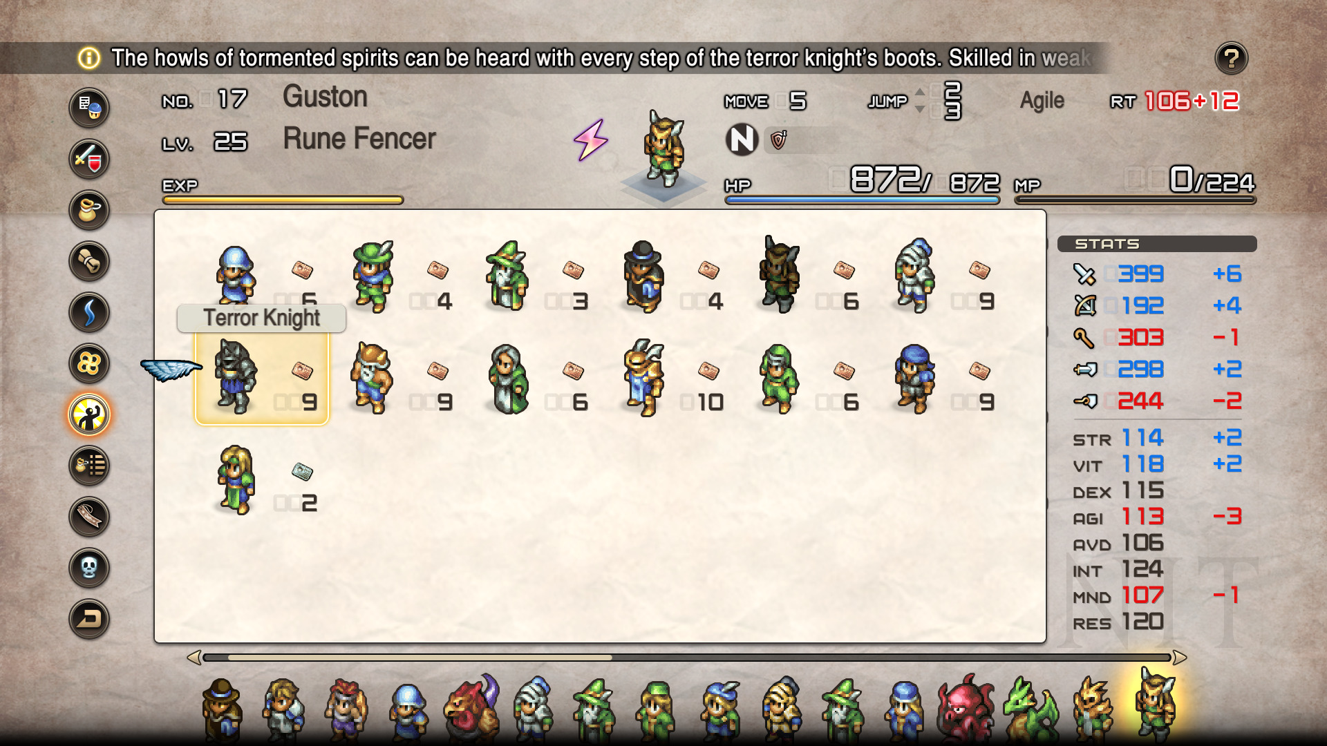 A screenshot from Tactics Ogre: Reborn showing off classes.