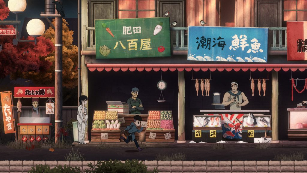 A screenshot from Last Time I Saw You. 12-year-old Ayumi is running through his town, with shops behind him.