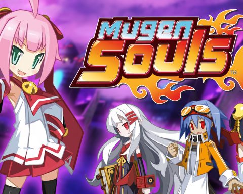The key art for Mugen Souls, featuring four characters and the logo.
