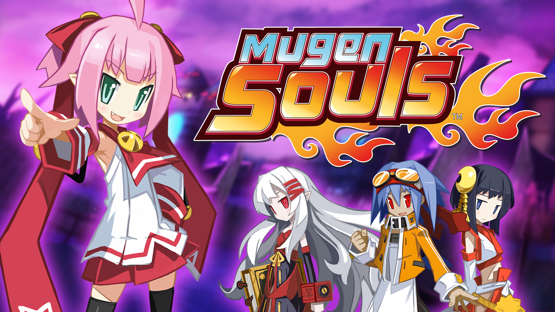 The key art for Mugen Souls, featuring four characters and the logo.