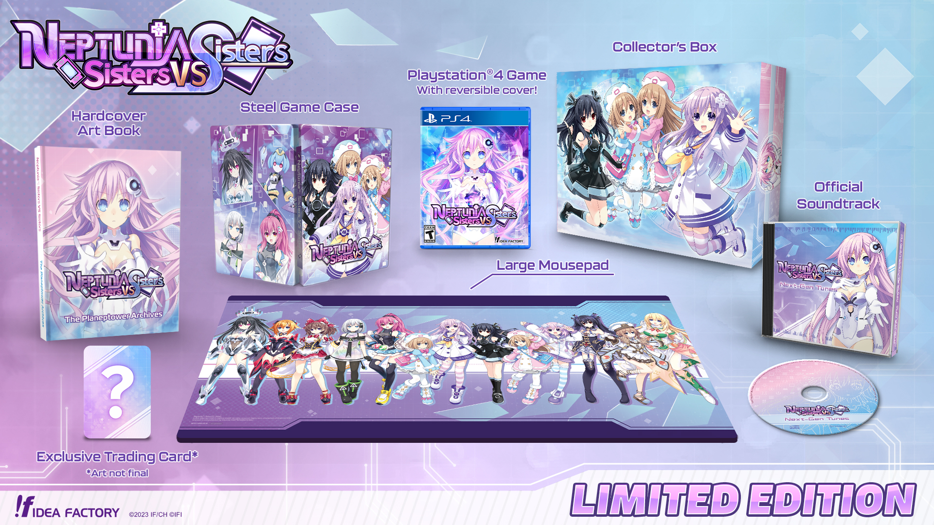 A shot of everything included with the Limited Edition of Neptunia: Sisters VS Sisters, including art book, steel game case, game, collector's box, soundtrack, trading card, and large mousepad.