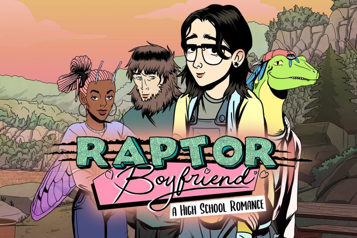 A girl, Stella, stands with three friends in this key art for Raptor Boyfriend: A High School Romance. The friends are a fairy, a sasquatch, and a dinosaur.