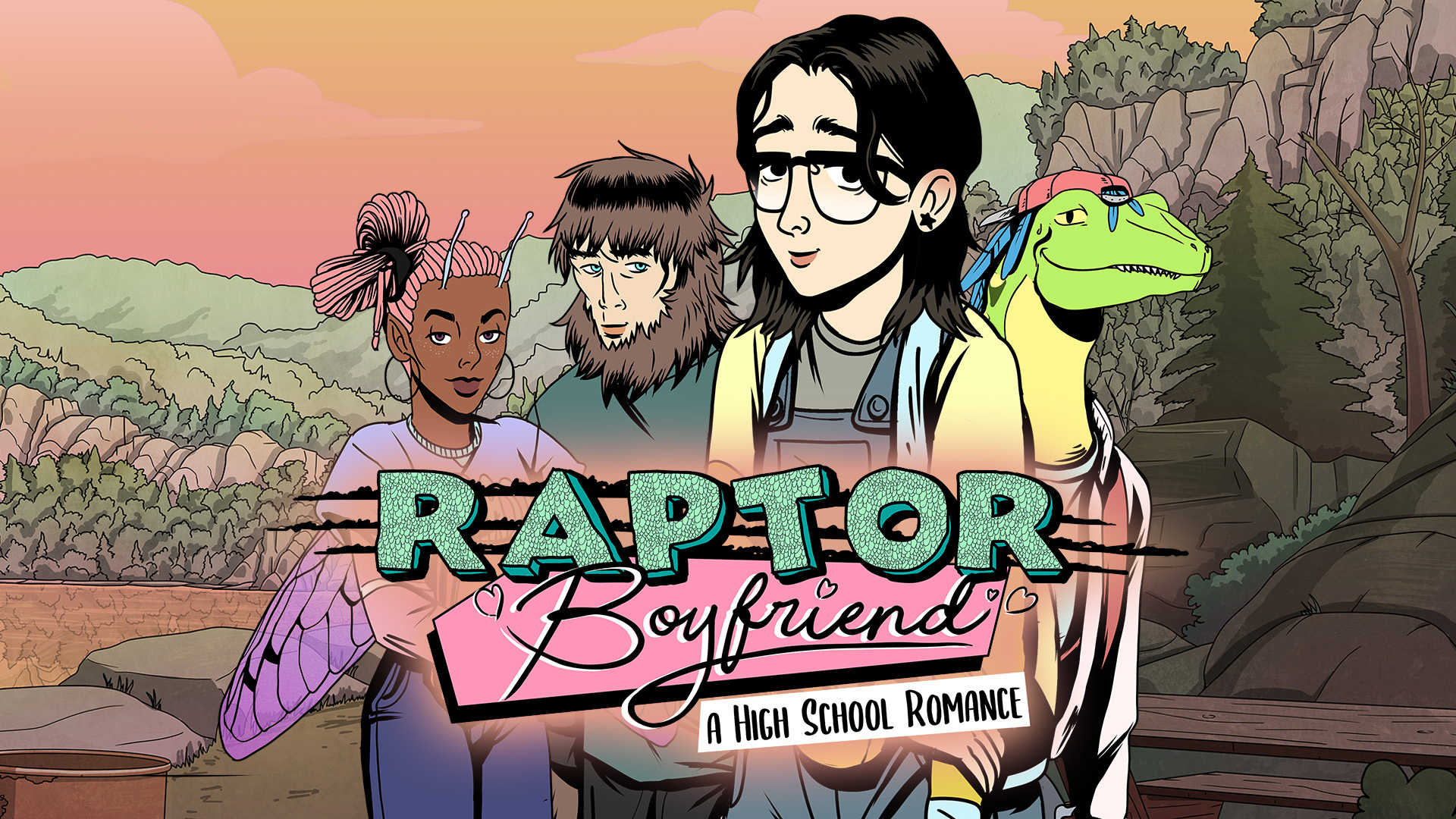 A girl, Stella, stands with three friends in this key art for Raptor Boyfriend: A High School Romance. The friends are a fairy, a sasquatch, and a dinosaur.