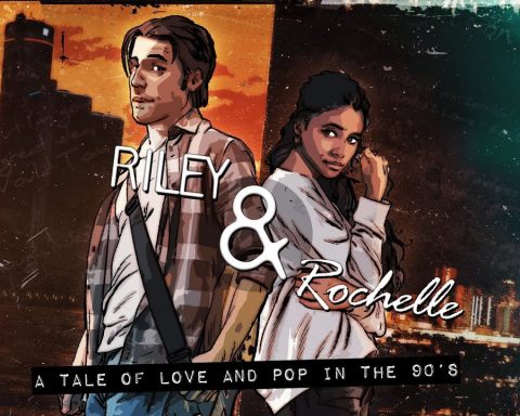 The key art for Riley & Rochelle. It shows both characters underneath the game's logo. At the bottom reads, "A tale of love and pop in the 90s."
