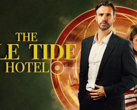 A man and his teenaged daughter stand to the right of the logo, which reads The Isle Tide Hotel.