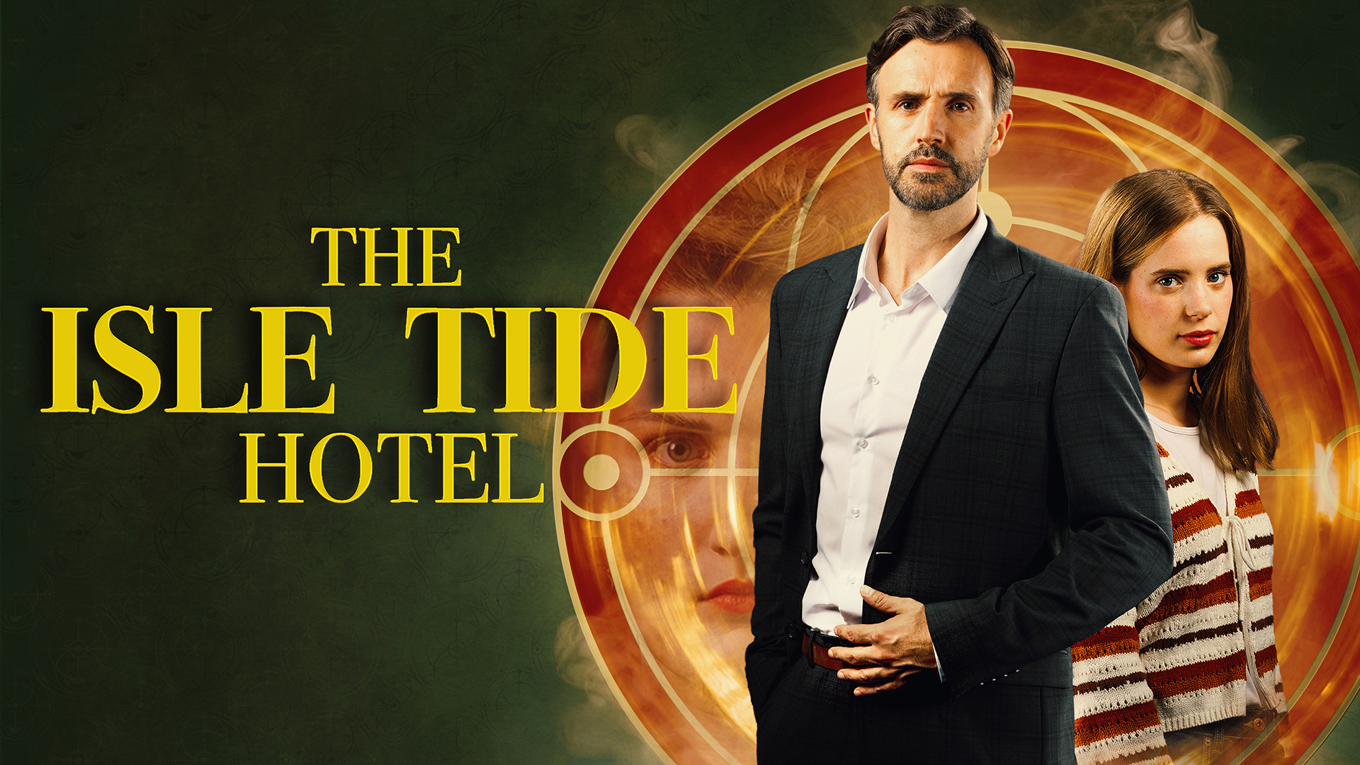 A man and his teenaged daughter stand to the right of the logo, which reads The Isle Tide Hotel.