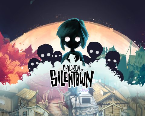 The key art for Children of Silentown, featuring the logo, a handful of glowy-eyed silouettes, and a town.