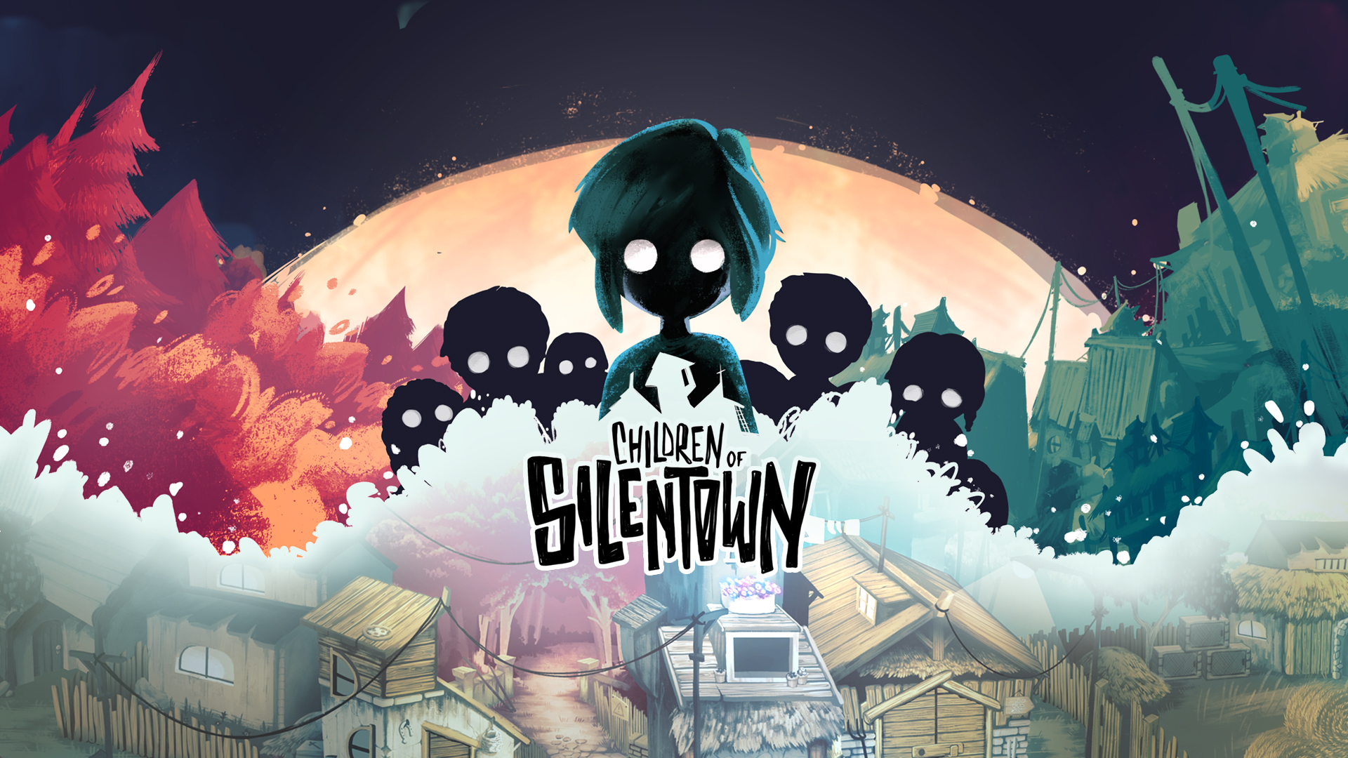 The key art for Children of Silentown, featuring the logo, a handful of glowy-eyed silouettes, and a town.
