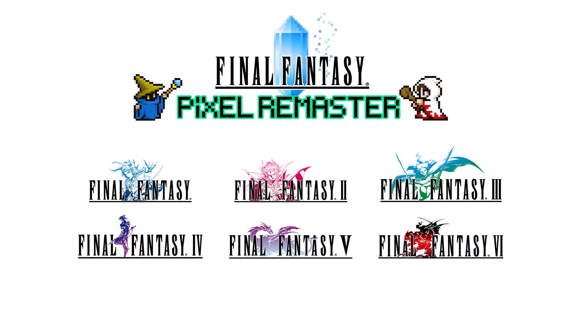 An image with the logo for Final Fantasy Pixel Remaster, and the logos for Final Fantasy I-VI.