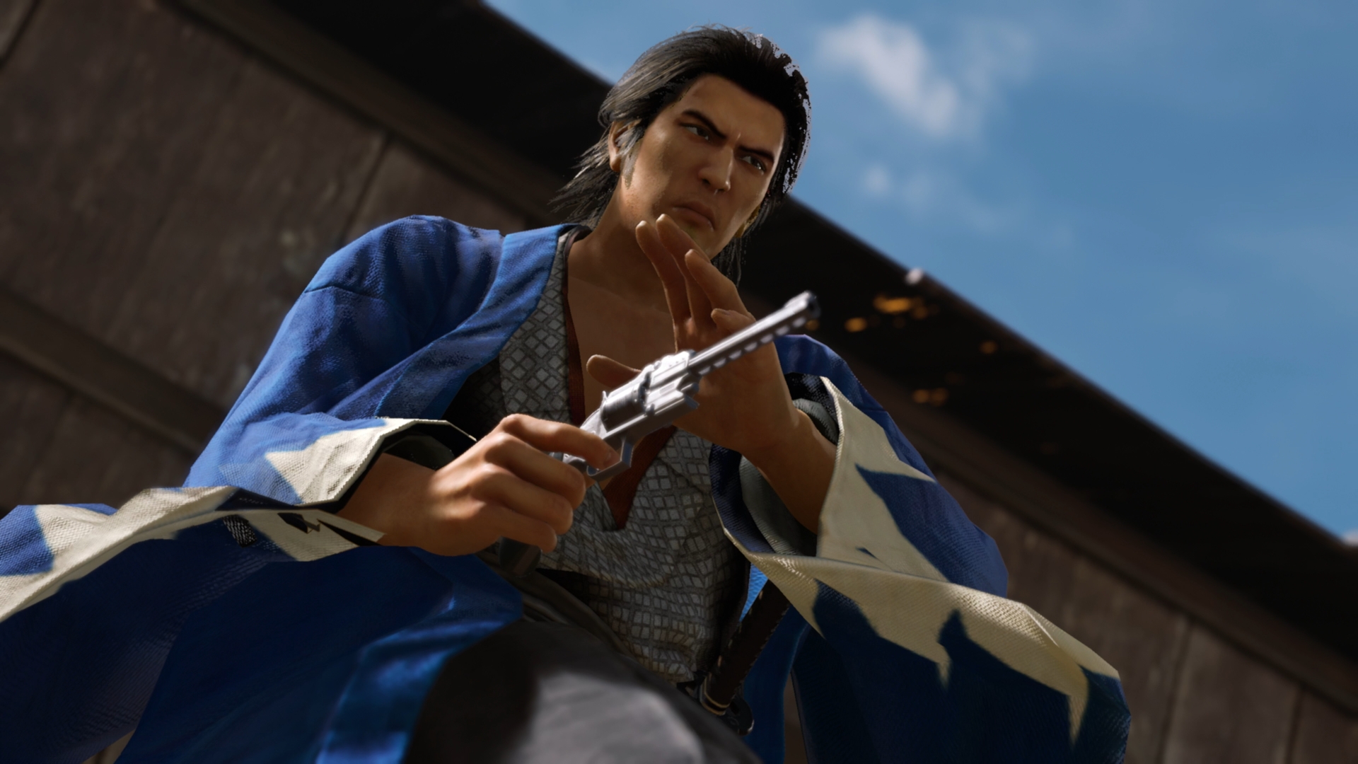 A screenshot from Like a Dragon: Ishin! depicting the Gunman combat style.