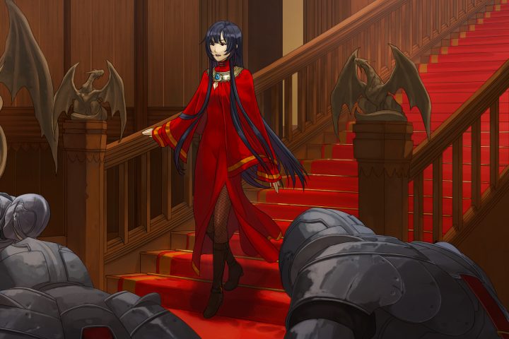 Artwork for Path of the Midnight Sun depicting Lady Faratras coming down stairs in the castle, with knights bowing.